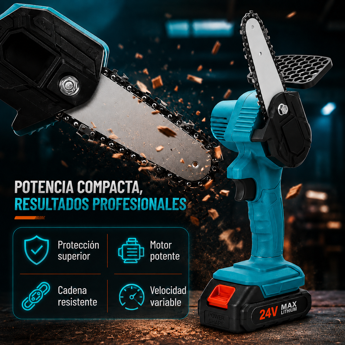 PowerCut 24V™ — Motosierra Eléctrica con Maletín + 2 Baterías